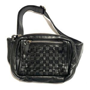 Vilenca Holland Black Leather Woven Front Crossbody Belt Bag Fanny Pack